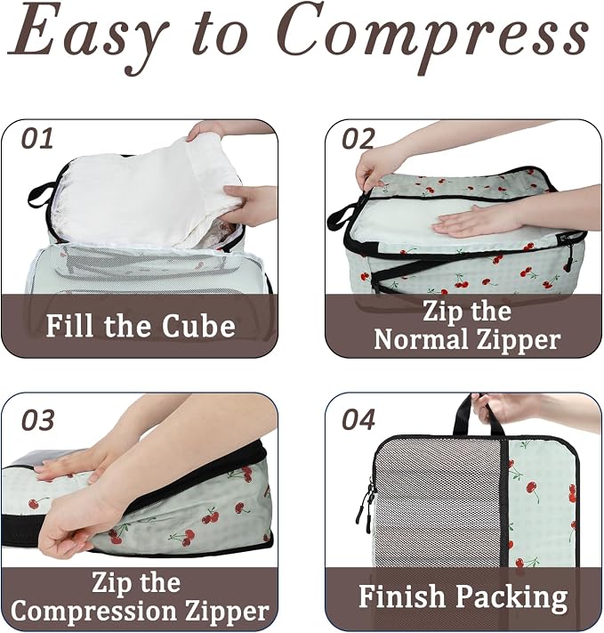 U+U 6 Set Compression Packing Cubes - Ultralight Travel Organizers with Laundry Bag, Space-Saving Suitcase Organizer, Expandable Packing Cubes for Travel and Business Trip (Sage Green Cherry) - Image 4