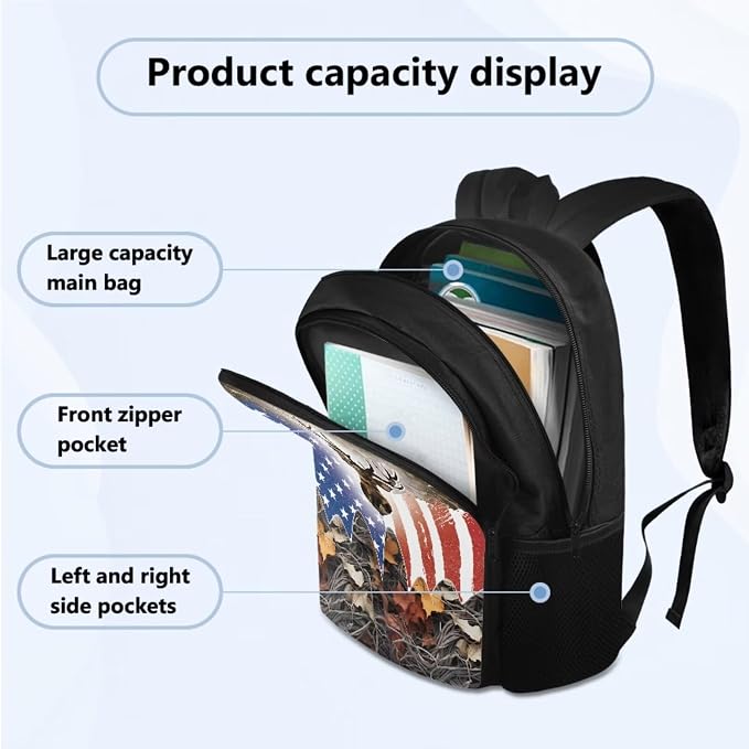 School Backpack 4 Pcs Set Include Insulated Lunch Bag and Pencil Box and Water Bottle Bag, School Bookbag Outdoor Travel Bags Casual Daypack for Teens Kids, American Flag Deer Branch - Image 2