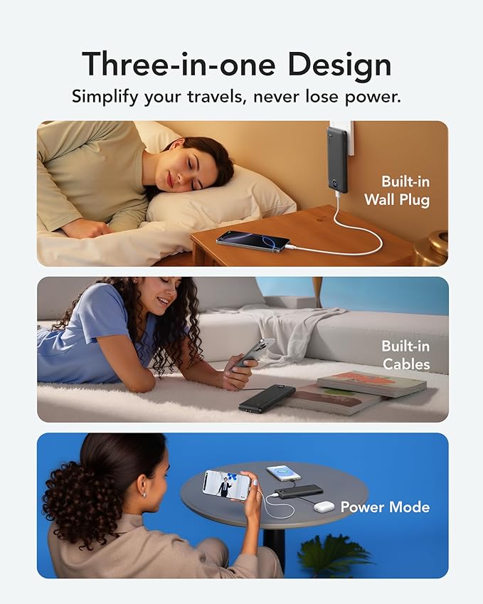 VRURC Portable Charger with Wall Plug, 10000mAh Slim Portable Charger Built in Cables,PD 20W Fast Charging Power Bank with Cords,USB C Portable Phone Charger Travel Accessories -Black(1 Pack)