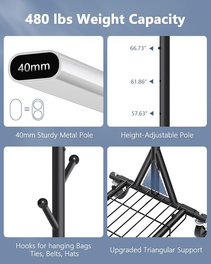 Hoctieon 1-Minute Assembly Clothes Rack, 480 lbs Heavy Duty Rolling Clothing Racks with Wheels, Foldable Garment Rack, Extendable Hanging Bar, Adjustable Metal Pole with Hooks, Black - Image 4