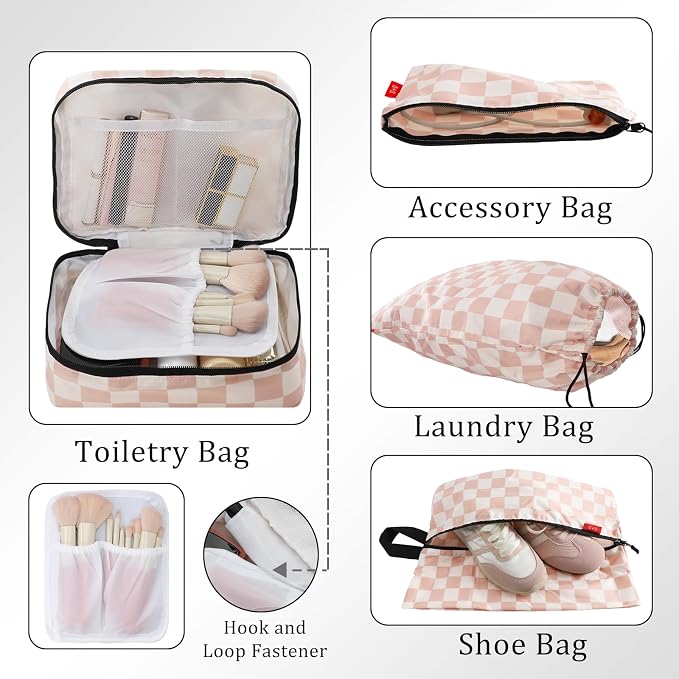 U+U 10 Set Compression Packing Cubes - Ultralight Travel Organizers with Laundry Bag and Cosmetic Bag, Space-Saving Suitcase Organizer for Travel, Business Trip and Family Vacation (Khaki Checkered) - Image 4