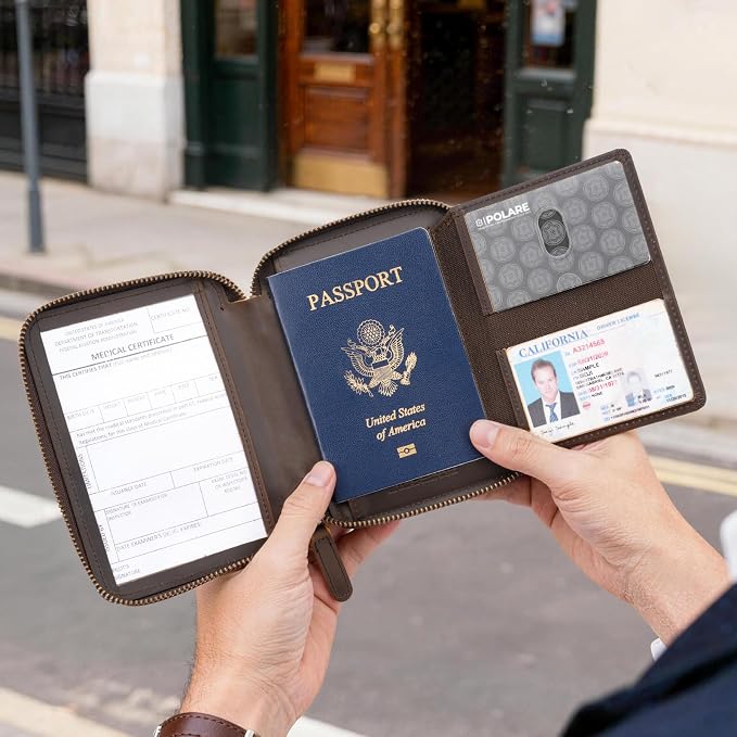 Polare Leather Pilot Wallet Passport Holder RFID Blocking Tri-fold Travel Cover Document Organizer for Aviation Professionals (Dark Brown(YKK Zipper with AirTag Slot)) - Image 9