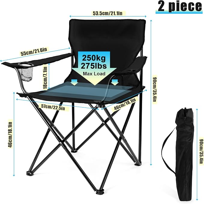 HaSteeL Large Camping Chairs, 2-Pack Portable Beach Chair for Adults, Black Folding Chair for Lawn Backyard Outdoor Fishing Hiking Travel Picnic Tailgating Sport, Carrying Bag & Cup Holder - Image 3