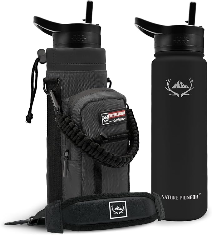 NATURE PIONEOR 24 oz Insulated Water Bottle with Carrier Bag & 3 Lids | 18/8 Food-grade Stainless Steel, Double Vacuum Insulation, 3 Leak-proof Lids, Strap, Camping, Hiking, Gym, Work by NATUREPIONEOR