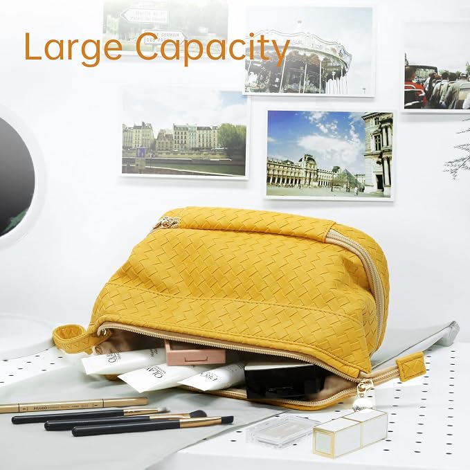 Abiudeng Large Capacity Makeup Bag Ladies Cosmetic Bag Travel Bag with Compartments Portable PU Leather Travel Makeup Bag with Handle - Image 3