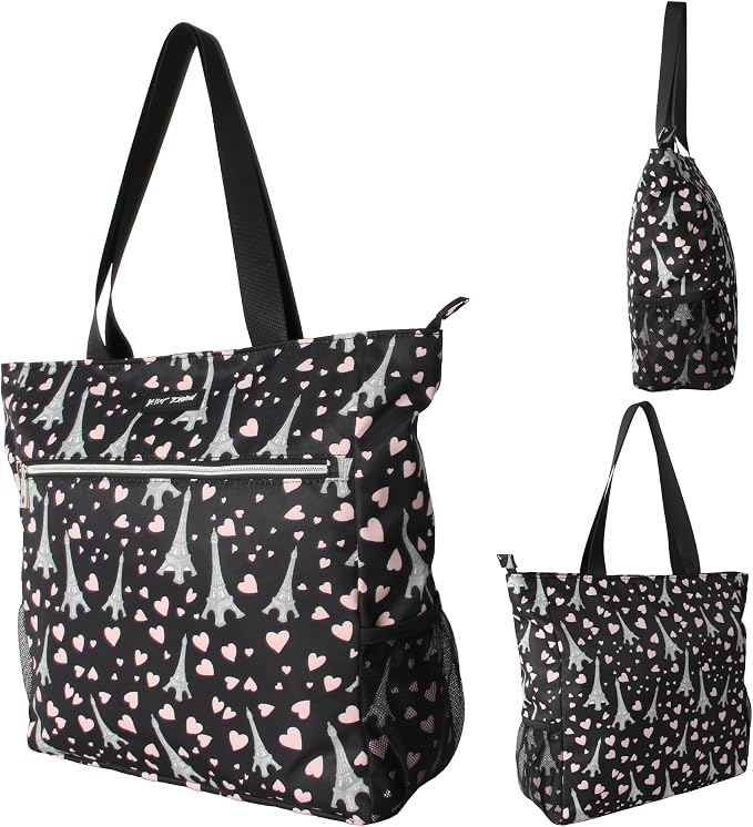 Betsey Johnson 15.6 Inch Zipper Beach Tote Bag Lightweight Large Durable Polyester with Mesh Side Pockets for Gym Work | 15.6 Inch - Image 6