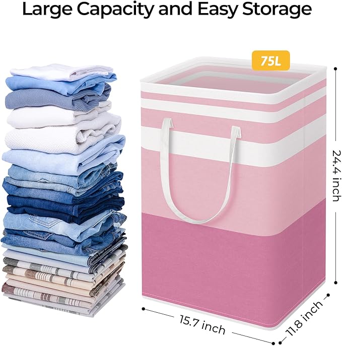 HomeHacks 2 Pack Large Laundry Baskets, Waterproof, Freestanding Laundry Hampers, Collapsible Clothes Hamper with Reinforced Handles in Laundry, College Dorm, Bathroom, Bedroom (Pink, 75Lx2) - Image 4
