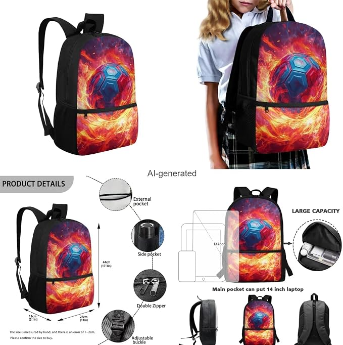 Fire Soccer Backpack for Boys Kids Backpack with Lunch Box Water Bottle Pouch and Big Pencil Case 4PCS Set Bookbag with Front Pocket 17" Sturdy Elementary School Bag Back to School Essentials - Image 3