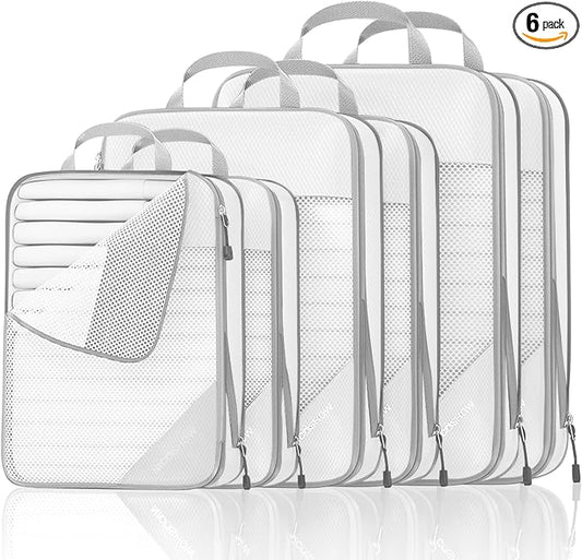 Compression Packing Cubes 6 Set, Compressible Space-Saving Packing Cubes for Travel - Compression Bags, Luggage Organizer, Travel Essentials for Women, White by NICOSHOW
