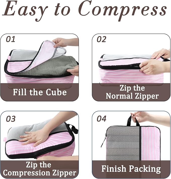 U+U 10 Set Compression Packing Cubes - Ultralight Pink Stripe Travel Organizers with Laundry Bag, Space-Saving Suitcase Organizer, Expandable Packing Cubes for Travel and Family Vacation (Pink Stripe) - Image 7