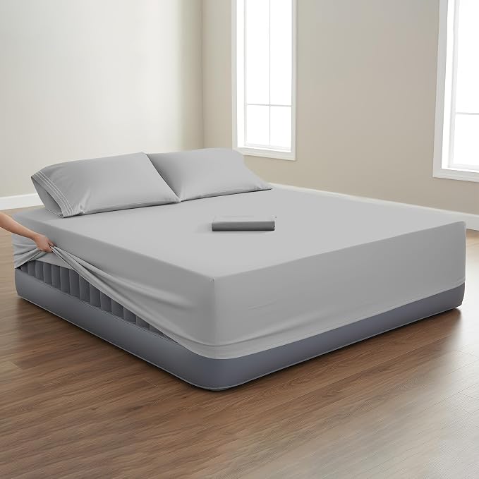 Mocassi 4-Piece Extra Deep Pocket 16-24 Inch Air Mattress Bed Sheet Set- 4PC Sheet Set with Smart Pockets Ideal for Air Beds, RVs, Camping and Guest Rooms Premium Hotel Quality, Cal King, Silver Grey - Image 2