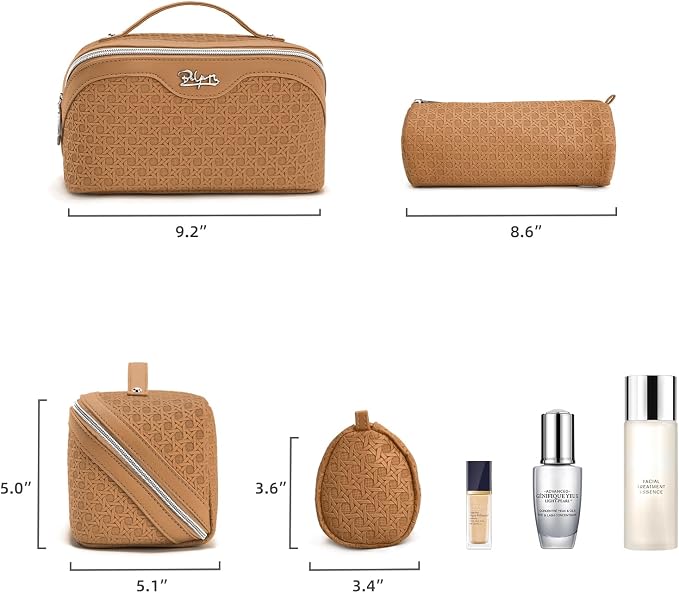BOYATU Travel Makeup Bag Cosmetic Bags for Women: Large Capacity 3 Pcs Set Make up Bag with Compartments - Waterproof Vegan Leather Toiletry Organizer Bags with Handle (M-74Yellow Brown) - Image 6