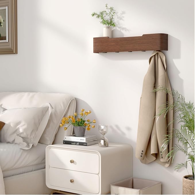 Wall Mounted Coat Rack with Shelf, Wooden Entryway Organizer with Hidden Metal Hooks for Hanging Coats Bags Keys, Modern Floating Shelf for Hallway Bathroom - Image 7