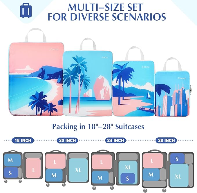 Gonex Compression Packing Cubes, 4pcs Expandable Storage Travel Luggage Bags Organizers, Travel Cubes for Suitcase Carry On (Coconut Palm) - Image 2