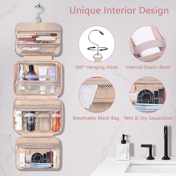 Wedama Toiletry Bag for Women, Hanging Travel Toiletry Bag with Jewelry Organizer Compartment Large Makeup Bag, PVC Waterproof Cosmetic Travel Bag for Travel Business Trips Camping Bathroom, Pink - Image 5