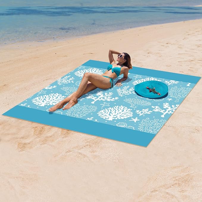 WIWIGO Beach Blanket Sandproof Extra Large Beach Mat Adults Waterproof Quick Drying Sand Free Mat Made by Premium Polyester with 4 Stakes & 4 Corner Pockets for Outdoor Travel Camping Hiking - Image 5