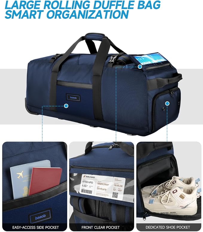 Foldable 90L Rolling Duffle Bag with Wheels | Large Travel Duffle Backpack with Shoes Compartment Waterproof Bag for Women, Men, Hospital, Weekend & Overnight Trips, Moving | Includes 3 Packing Cubes - Image 6