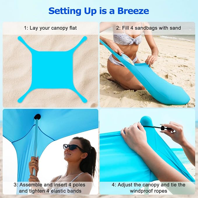 COMMOUDS Beach Tent Sun Shelter - UPF50+ Pop Up Beach Canopy with Sandbags & Sand Shovel & Windproof Poles, Portable Sun Shade for Beach, Camping, Picnics, Backyard - Image 4