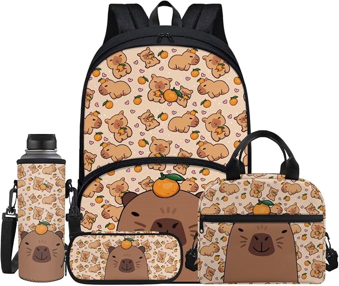 Cartoon Capybara Orange Backpack Set for Girls Boys, Elementary School Book Bag for Kids 8-12, Lightweight School Backpack Lunch Box Pencil Bags Protective Water Bottle Cup Cover, 4 Pcs by Jndtueit
