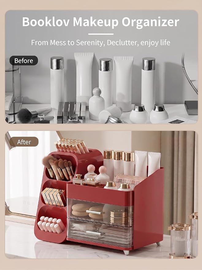 Booklov Makeup Organizer for Vanity, Large Capacity Cosmetic Display Case with Clear Acrylic Drawers, Countertop Beauty Storage Holder for Skincare, Brush Eyeshadow Lipstick, Counter Desk, Crystal Red - Image 7