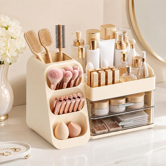 Large Makeup Organizer Countertop Skincare Organizers, Spacious Cosmetic Display Case for Vanity Organizers Storage, Waterproof Make Up Organizer for Bathroom, Birthday Gifts for Women, Cream - Image 9