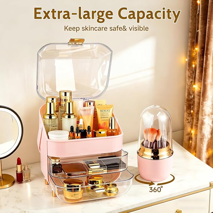 Makeup Organizer with 360 Rotating Brush Holder, Large Skincare Organizer for Vanity, Dustproof Cosmetic Display Case with 2 Drawers for Bathroom Countertop, 16" Tall Portable Beauty Storage,pink - Image 4