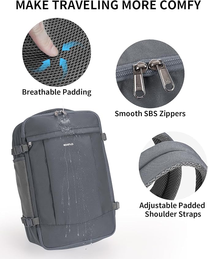 ECOHUB Travel Backpack for Men Women, Carry on Backpack with USB Charging Hole, Spirit Airlines Personal Item Bag Flight Approved, 15.6 Inch Laptop Backpack with Anti Theft Pockets, 30L, Grey - Image 7