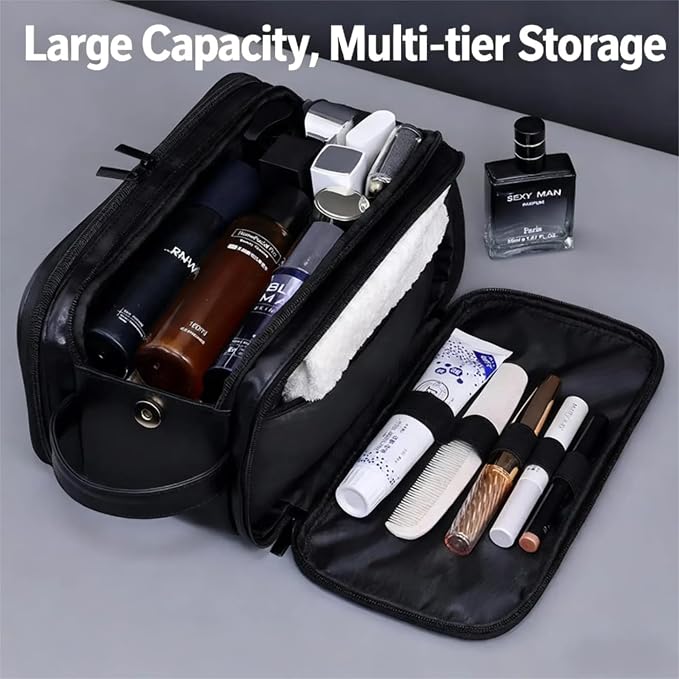 2 Pack Men's Toiletry Bag Pu,Travel Toiletry Organizer, Waterproof Shaving Kit Pouch For storing daily essentials like toiletries and cosmetics,Black (Leather Black) - Image 4