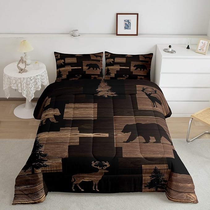 Erosebridal Rustic Bear Comforter Sets for Teens Youth,Lodge Elk Moose Bedding Set Twin,Cabin Hunting Animal Buffalo Plaid Check Quilt,Vintage Wooden Farmhouse Down Comforter with 1 Pillowcase - Image 2