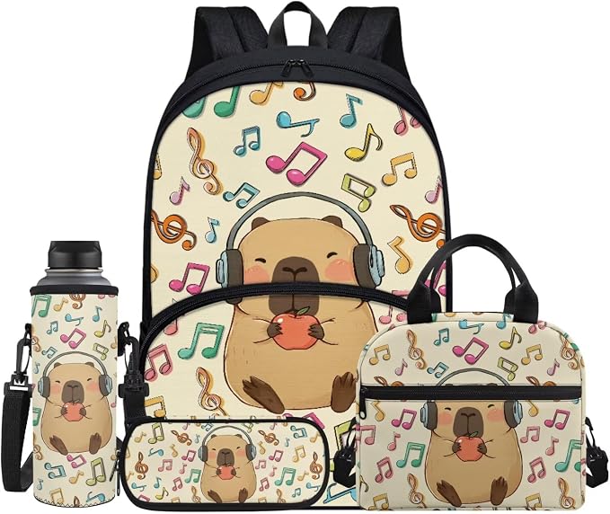 4 Pcs Capybara Music Notes Backpack for Kids, Girls Boys School Backpacks Bookbag Lunch Box Pencil Case Water Bottle Bag for Middle School, Big Student Backpack Back Pack Book Bags, Beige by Jndtueit
