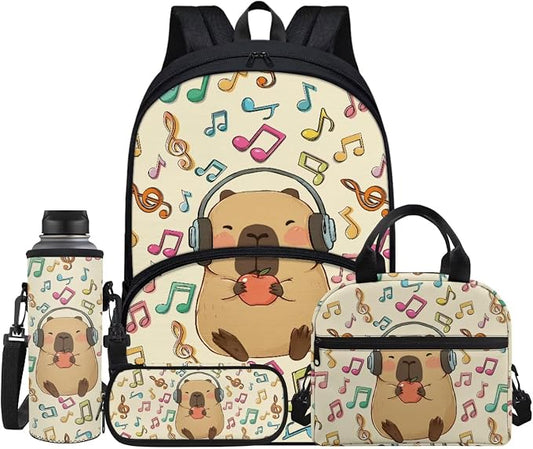 4 Pcs Capybara Music Notes Backpack for Kids, Girls Boys School Backpacks Bookbag Lunch Box Pencil Case Water Bottle Bag for Middle School, Big Student Backpack Back Pack Book Bags, Beige by Jndtueit