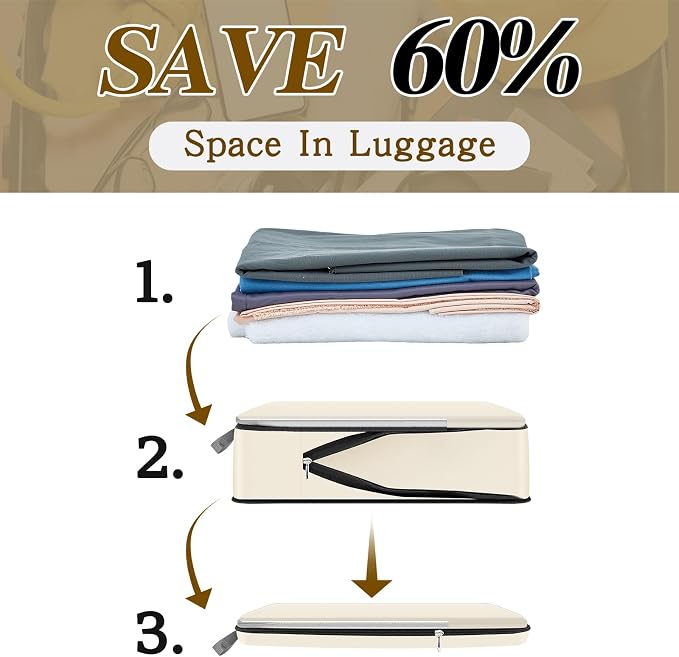 Hosuly 6 Pcs Large Ultralight Compression Packing Cubes for Travel 17.3 x 12.6'' XL Large Expandable Luggage Storage Organizers for Save Space Family Long Trips (Beige) - Image 3