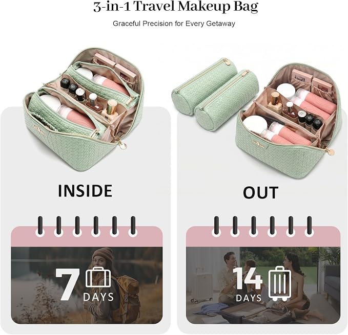 Travel Makeup Bag for Women: Designer 3 Pcs Set Cosmetic Bags for Women - Large Capacity Vagen Leather Hand-made for Toiletry Organizer - Ladies Travel Flat Open Essentials for Luxury (08Green) - Image 6