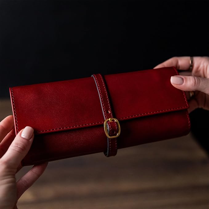 Time Resistance Leather Jewelry Roll - Full Grain Leather Travel Jewelry Case - Jewellery Organizer Made in Italy (Red) - Image 2