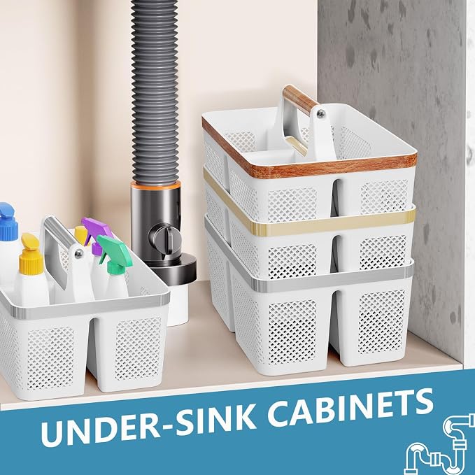 BYUNER Plastic Shower Caddy Dorm: Portable Bathroom Caddy Organizer with Handle and Holes, Cleaning Basket, Hard Shower Basket Storage Tote for Toiletry, College Dorm Room Essentials White/Silver - Image 6