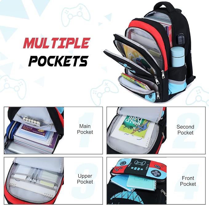 Bevalsa Backpack for School Boys, Cool Luminous Gamer Boys Schoolbag with Sling Bag,Lunch Box & Pencil Case for Kids Children Teens Elementary Middle School(Red Blue Smile Backpack with Shoulder Bag) - Image 4
