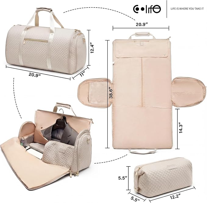 Coolife Garment Bag Carry On Convertible Travel Duffel Bag with Shoe Pouch Weekender Bag for Women Men 2 in 1 Hanging Suit Bag with Shoulder Strap Business Travel Bag (White, Standard) - Image 2