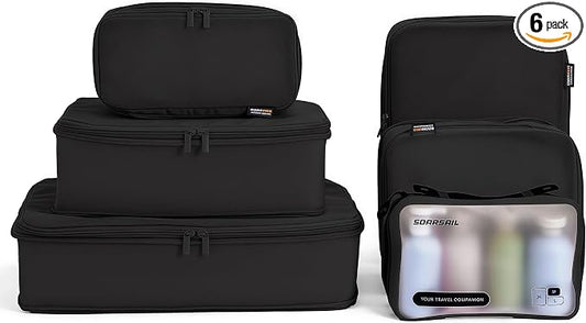 6 Set Compression Packing Cubes for 7–14 Day Travel, Jet Black | Nylon Oxford Fabric, Full Breathable Mesh, Reinforced Double-Zipper, Small to Large Size Bag, Expandable Packing System by SOARSAIL