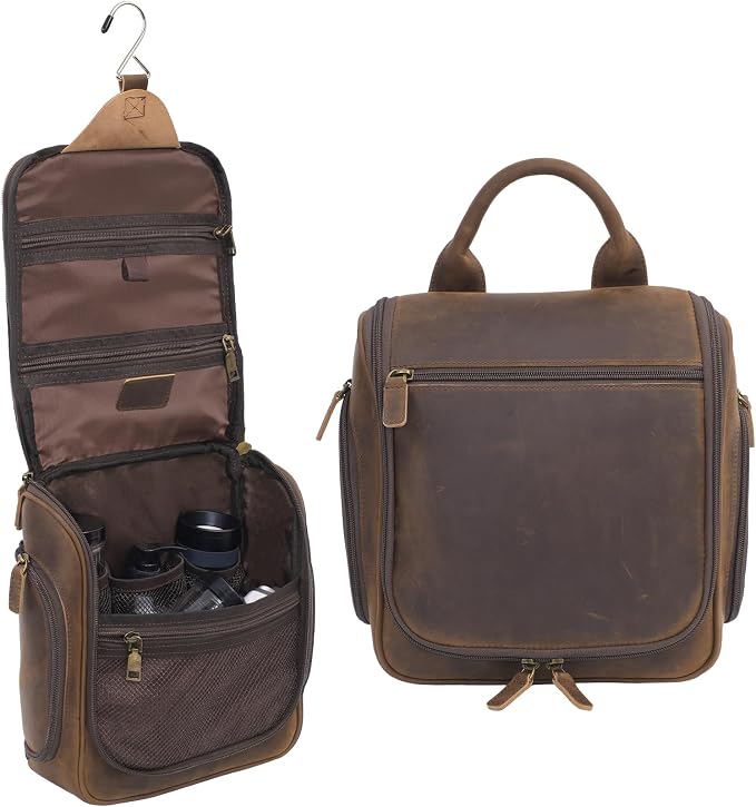 Versatile Genuine Leather Travel Hanging Toiletry Bag, A Dark Brown Hanging Makeup Organizer for Men or Women, Water-resistant Shaving Kit Bag Suitable for Camping and Travel Trips by MCKDERWRILL