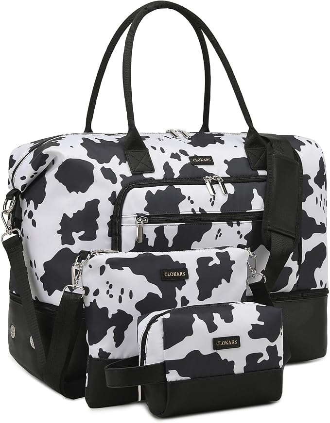 Weekender Bags for Women, Travel Duffle Bag Carry On Overnight Bag with Cosmetics Bag and Crossbody Purse for Gym Hospital, Gifts for Women, Cow Print Black by Unknown