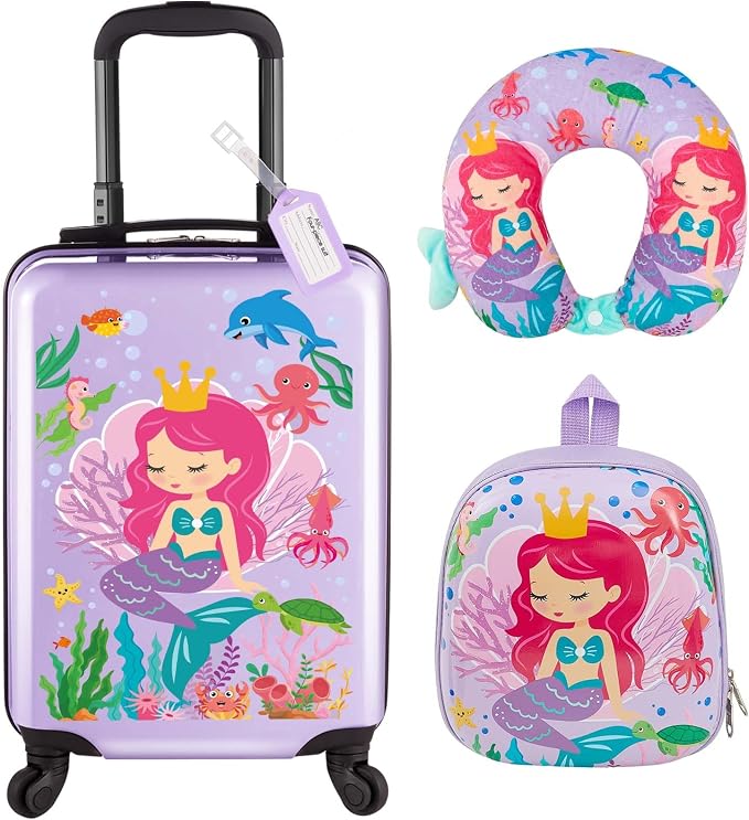 Sanwuta 4 Pcs Kids Luggage Set Back to School Gifts for Girls Boys Carry On Rolling Suitcase Backpack Neck Pillow Travel Set(20 Inch,Mermaid Style,Purple) by Sanwuta