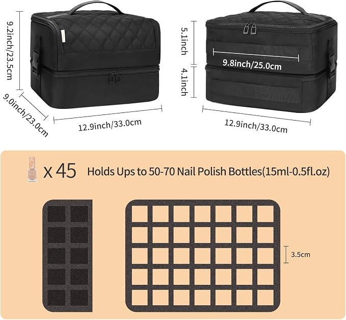 OCHEAL Nail Polish Organizer, Holds Nail Lamp and 45+ Bottles,3 Usage Modes Detachable Nail Storage Bag Travel Nail Tech Case Holds Nail Kit Stuff Manicure Tools -Black - Image 5