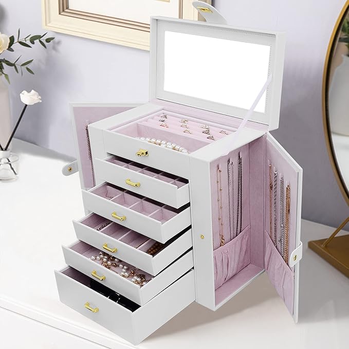 AKOZLIN 6-Tier Jewelry Box Organizer Functional 5 Drawers Leather Jewelry Storage Case for Women Girls Ring Necklace Earring Bracelet Holder Organizer with Mirror Extra Large White - Image 7