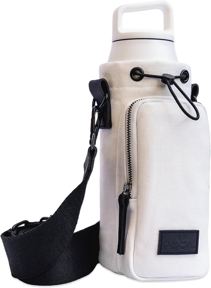 Water Bottle Holder with Strap & Pocket Fits 16 to 32 oz Bottles Crossbody Water Bottle Carrier for Women Canvas and Leather by SOLLYANDRUE