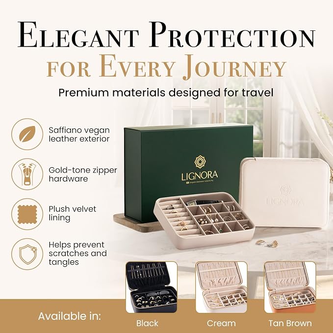 Jewelry Box for Travel – Premium Leather Jewelry Box for Women & Men with Gold-Tone Zipper Hardware, Multi-Compartment Jewelry Organizer, (Cream) - Image 2