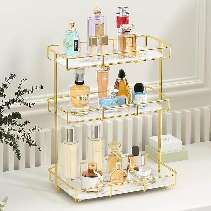 Bathroom Organizer Countertop Perfume Organizer Makeup Organizer Cosmetics Storage Display Rack Vanity Tray Dresser Stainless Steel Gold Shelf White Marble Ceramic Tray by Dobbyby