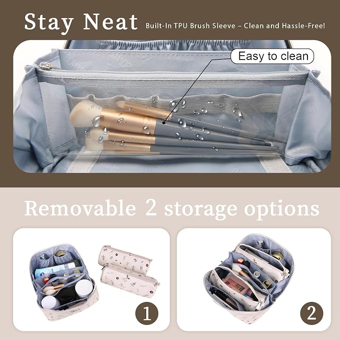 BOYATU Travel Makeup Bag Cosmetic Bags for Women: 3 Pcs Set Portable Make up Bag with Handle - PU Leather Toiletry Bags with Compartments - Makeup Organizer for Travel Essentials(L-4-White) - Image 4