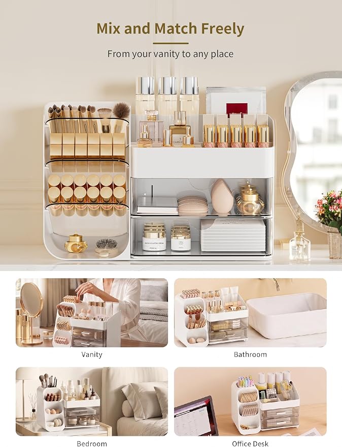Booklov Makeup Organizer for Vanity, Countertop Cosmetic Display Case with Clear Acrylic Drawers, Bathroom Counter Beauty Caddy, Cute Table Storage Holder for Skincare, Brush Lipsticks, Crystal White - Image 7