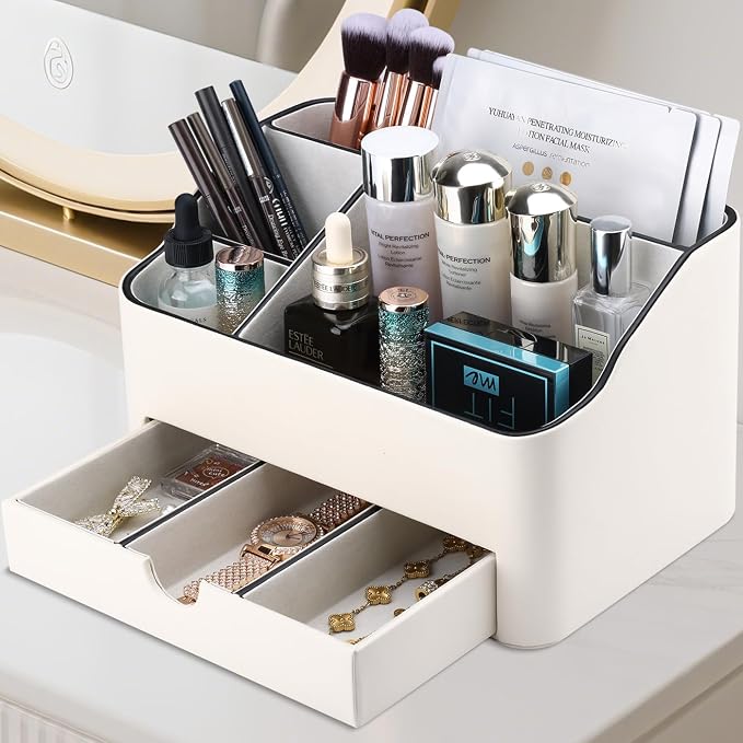 KINGFOM PU Leather Makeup Organizer with Drawer, Skincare Organizer for Vanity, Cosmetic Storage for Dresser Countertop, Beauty Holder for Lipstick Brush Skincare (Ivory White) - Image 2