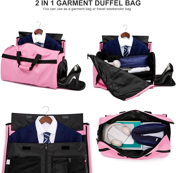 Carry On Garment Bag for Women, Durable Garment Duffle Bag for Travel with Shoes Compartment, Convertible & Foldable 2 in 1 Hanging Dress Weekender Suitcase Suit Travel Bag, Gifts for Women, Pink - Image 4